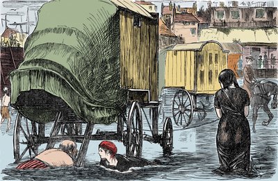 Benjamin Bealen vuonna 1750 keksimä kylpyhytti: sisällä olevat naiset pääsevät merelle suoraan tästä hevosvaunusta. Huumoripiirros "Punch Magazinesta" vuodelta 1870 tekijältä Unknown artist
