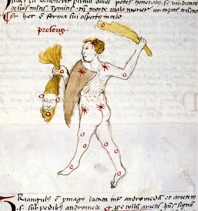 Bouvierin (Botes) tähdistön esitys Metsästäjä Botes pitää Berenikiksen hiuksia kädessään. Miniatyyri Biasino da Parman (Blaise de Parma) "Astronomicasta" (1425-1457) tekijältä Unknown artist