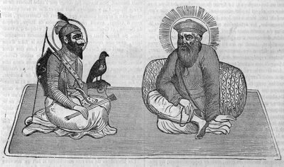 Sikhismin (tai sikhien uskonnon) perustajien edustus: Guru Nanak (1469-1539) ja Guru Gobind Singh (1666-1708). Teoksessa "" Le magazin viehättävä"" 1836 tekijältä Unknown artist
