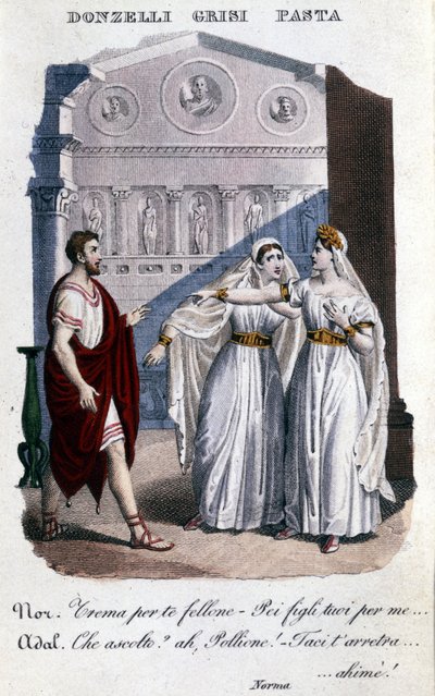 Vincenzo Bellinin (1801 - 1835) "" La Norman """ ensimmäisen esityksen tulkkien esitys: vasemmalta oikealle Domenico Donzelli (Pollione), Giuditta Grisi (Adalgisa) ja Giuditta Pasta (Norma). 1833. tekijältä Unknown artist