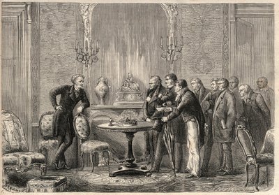 Honore de Balzacin (1799-1850) näytelmän "" Mercadet" (Le Faiseur) esitys Comedie Francaisessa. Näytös III, kohtaus VI. Kaiverrus "" L