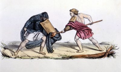 Resiario ja Mirmillone. 1800-luvun kaiverrus. tekijältä Unknown artist