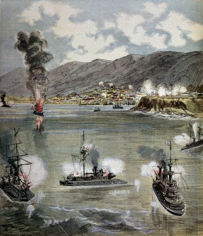 Vallankumous Chilessä: hyökkäys Valparaisoon vuonna 1891. Kuva otettu julkaisusta "" Supplement illustrates du Pepetit journal""" 1891. Paris, B.N. tekijältä Unknown artist