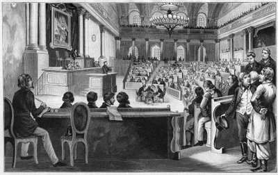 Vallankumous Wienissä 1848 - Itävallan ensimmäisen perustuslakia säätävän kokouksen (Reichs Versammlung) kokous heinäkuussa 1848 espanjalaisessa ratsastuskoulussa Wienissä, Itävallassa. tekijältä Unknown artist