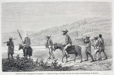 Richard Francis Burton, brittiläinen tutkimusmatkailija (1821-1890) ja hänen toverinsa Afrikassa. Piirros, joka havainnollistaa artikkelia "" Kapteeni Burtonin matka Afrikan suurille järville 1857-59" - "" Tour du Monde -julkaisussa", 2. lukukausi. 1860 tekijältä Unknown artist