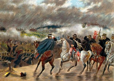 Risorgimento - Italian kampanja (1859): Victor Emmanuel II (Vittorio Emanuele II) (Victor-Emmanuel) (1820-1878) johti Piemonten joukkoja Itävallan armeijaa vastaan 24.6.1859 San Martinon taistelun aikana. Yksityinen kokoelma tekijältä Unknown artist