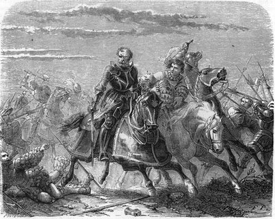Robert Landsknechtsistä vie poikansa ruumiin sveitsiläisiltä. Kaiverrus 1800-luvulta. tekijältä Unknown artist