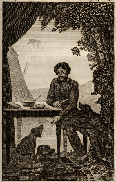 Robinson Crusoen koirat odottavat hänen heittävän palasia syötäväksi. Kaiverrus on lisätty Daniel Defoen teokseen "Les aventures de Robinson Crusoe" (1660-1731), edition la librairie d