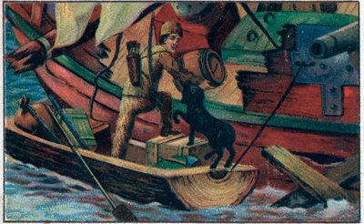 Robinson vierailee raunioilla. Kuvitus Daniel Defoen (De foe) kirjalle "" Robinson Crusoe"". 1800-luvun lopun kromolitografia. tekijältä Unknown artist