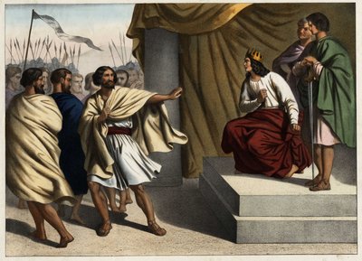 Roboam, Juudaksen ensimmäinen kuningas, laukaisi kymmenen pohjoisen heimon kapinan. Anonyymi kaiverrus 1800-luvun puolivälistä. tekijältä Unknown artist