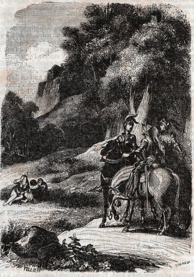 Roger (Ruggero, Ruggiero), Marphise (Marfisa) ja kolme naista - kaiverrus vuodelta 1851 Ludovico Arioston kirjasta "" Roland furieux"" (1500-luku), nimeltään Ariosto - Tressanin kreivin italiasta kääntämä painos ja julkaisija tekijältä Unknown artist