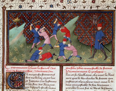 Ogier, tanskalainen Roman: taistelu kädellä ja minimailalla, joka on otettu "Bertrand du Guesclinin kronikasta" (Ms 490) 1405 Musee Conde, Chantilly tekijältä Unknown artist