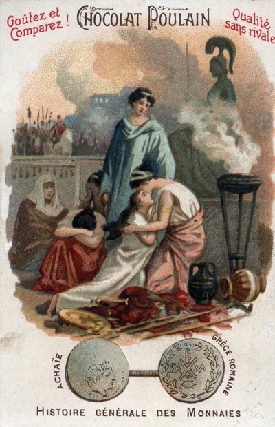 Rooman valta Kreikassa: Lucius Mummius ryösti Korintin vuonna 146 eKr. Achaien (Akhaian) alueella. kolikoiden yleisessä historiassa. Suklaa-varsa kromolitografia 1800-luvun lopulla. Yksityinen kokoelma. tekijältä Unknown artist