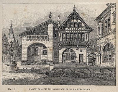 Keskiajan ja renessanssin roomalainen talo - kaiverrus vuodelta 1889 Charles GARNIERin julkaisussa "Ihmisasumisen historia vuoden 1889 yleisnäyttelyssä - Librairie centrale des beaux-arts Paris 1889" tekijältä Unknown artist