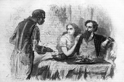 Roomalainen sarja: "Pariisin puritaanit", kirjoittanut Paul Bocage (1824-1887). "Negre toi Robertille käyntikortin." Kaiverrus "" Les bons romances"" tekijältä Unknown artist
