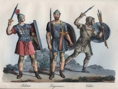 Roomalainen sotilas - Legioonalainen - Velites (kevyt jalkaväki) - kaiverrus "Kaikkeuden kaikkien kansojen tavoista ja perinteistä". Se on kaikkien kansojen hallituksen, lakien, miliisin, uskonnon historiaa kaukaisimmista ajoista nykypäivään." tekijältä Unknown artist