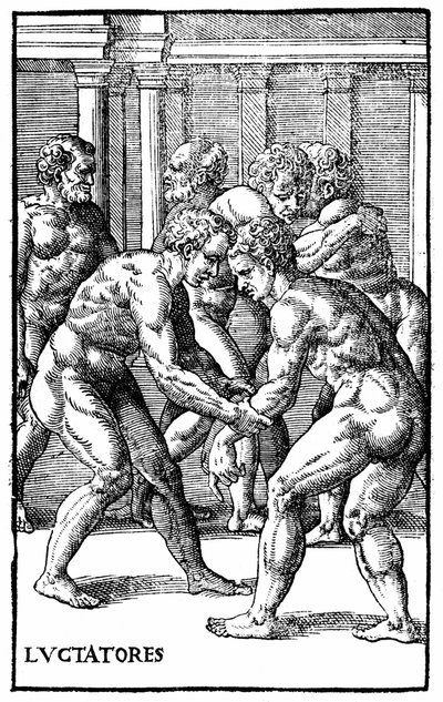 Roomalaiset painijat - elokuvassa "Hieronymi Mercurialis de Arte Gymnastica", Venetsian painos tekijältä Unknown artist