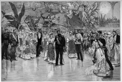 Romania: Prinssi Rodolphin (1858-1889) ja Itävallan Unkarin prinsessa Stephanien (1864-1945) kunniaksi annetut juhlat Bukarestin kansallisteatterissa. Kaiverrus "" Le Monde Illustré" -kirjassa tekijältä Unknown artist
