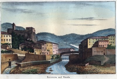 Rovereton kaupunki Trentinossa Pohjois-Italiassa - 1800-luku - kaiverrus kirjasta "Kaikkeuden kaikkien kansojen tapoja ja perinteitä". Se on kaikkien kansojen hallituksen, lakien, miliisin, uskonnon historiaa kaukaisimmista ajoista n päiviin asti. tekijältä Unknown artist
