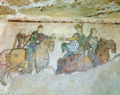 Kuninkaallinen Cortege (tai joskus tulkitaan "kuninkaaksi takaa"), joka koostuu kuningas Henrikistä (Henry II) korteesin johdossa (poissa tästä yksityiskohdasta), hänen takanaan hänen vaimostaan Alienor d