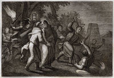 Royaumont Raamattu, Uusi testamentti: Jeesuksen Kristuksen pidätys tai Juudaksen suudelma. Sotilaat tulevat pidättämään Kristuksen Öljypuutarhaan. Pyhä Pietari leikkaa pois yhden heistä korvan. Kuvitus vuodelta 1811. tekijältä Unknown artist