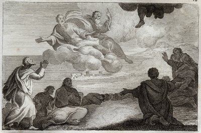 Royaumont Raamattu, Uusi testamentti: Jeesuksen Kristuksen taivaaseenastuminen. Kristus otetaan taivaasta ja siunataan Apotereita ennen kuin hän katoaa pilveen. Kuvitus vuodelta 1811. tekijältä Unknown artist