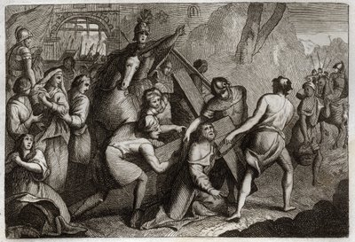 Royaumont Bible, Uusi testamentti: Ristin kantaminen (Ristin tie). Jeesus Kristus kantaa ristinsä Golgatalle Simon Kyrenelaisen (Kyreeneläisen) avulla. Kuvitus vuodelta 1811. tekijältä Unknown artist