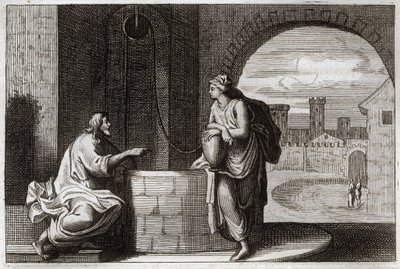 Royaumont Raamattu, Uusi testamentti: Kristus ja samarialainen kaivolla. Jeesus Kristus käännyttää samarialaisen naisen. Kuvitus vuodelta 1811. tekijältä Unknown artist
