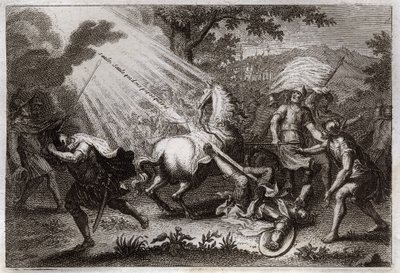 Royaumont Bible, Uusi testamentti: Pyhän Paavalin kääntymys matkalla Damaskokseen. Hän kuulee Jeesuksen Kristuksen äänen, joka sanoo hänelle "" Willow, Willow, joka vainoat minua"" (Saul, Saul, miksi vainoat minua?) ja hevonen kaatuu. Kuvitus vuodelta 1811 tekijältä Unknown artist