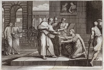Royaumont Bible, Uusi testamentti: Cornelius kastaa. Crow sadanpäällikkö saa uskon Jeesukseen Kristukseen, ja Pyhä Pietari kastaa hänet. Kuvitus vuodelta 1811. tekijältä Unknown artist