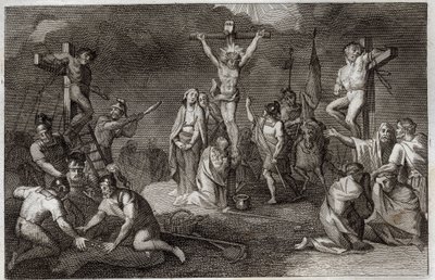 Royaumont Raamattu, Uusi testamentti: Jeesuksen Kristuksen ristiinnaulitseminen. Neitsyt Maria, Pyhä Maria Magdaleena ja Pyhä Johannes ristin juurella, pyhä Longin sadanpäämies (Saint Longinus) keihään kanssa, sotilaat soittavat Kristuksen tunikkaa. Sivuil tekijältä Unknown artist