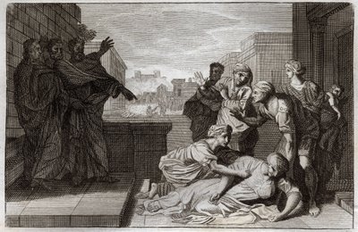 Royaumont Raamattu, Uusi testamentti: Ananian ja hänen vaimonsa Saphiren kuolema ennen Pyhää Pietaria ja Pyhää Johannesta. Kuvitus vuodelta 1811. tekijältä Unknown artist