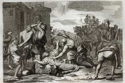 Royaumont Bible, Uusi testamentti: Pyhän Stefanuksen, ensimmäisen kristityn marttyyri, kuolema kivittämällä. Kuvitus vuodelta 1811. tekijältä Unknown artist