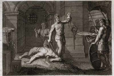 Royaumont Bible, Uusi testamentti: Pyhän Johannes Kastajan dekolaatio. Yksi laittaa päänsä tasangolle. Kuvitus vuodelta 1811. tekijältä Unknown artist