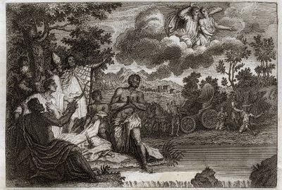 Royaumont Bible, Uusi testamentti: Eunukki kastaa. Pyhä Philip Deacon ilmoittaa uskostaan Etiopian kuningattaren eunukille ja kastaa hänet. Kuvitus vuodelta 1811. tekijältä Unknown artist