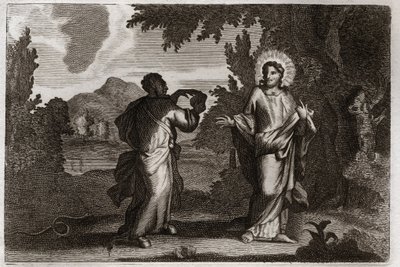 Royaumont Raamattu, Uusi testamentti: Jeesus Kristus autiomaassa. Jeesus ajetaan erämaahan. Hän oli nuori neljäkymmentä päivää ja neljäkymmentä yötä. Häntä kiusaa demoni, joka kutsuu häntä muuttamaan kivet leiviksi. Kuvitus vuodelta 1811. tekijältä Unknown artist