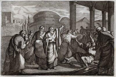 Royaumont Bible, Uusi testamentti: Lame gueri. Pyhä Paavali soturi ontuvan ja pidättää kansan, joka halusi uhrata hänelle kuin jumalalle. Kuvitus vuodelta 1811. tekijältä Unknown artist