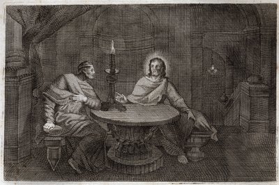 Royaumont Bible, Uusi testamentti: Nikodema tulee etsimään Jeesusta Kristusta yöllä. Kuvitus vuodelta 1811. tekijältä Unknown artist