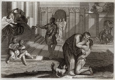 Royaumont Bible, Uusi testamentti: Vertaus tuhlaajalapsesta. Poika palaa kotiin lähdön jälkeen ja menetti kaiken omaisuutensa. Hän tulee pyytämään isältään anteeksi. Kuvitus vuodelta 1811. tekijältä Unknown artist