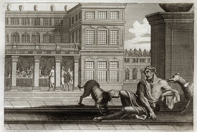 Royaumont Bible, Uusi testamentti: Vertaus pahoista rikkaista edustaa pöydän takana ja Lasarusta kerjäläistä, jonka rikkaiden koirat nuolevat haavoja. Kuvitus vuodelta 1811. tekijältä Unknown artist