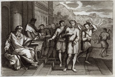 Royaumont Bible, Uusi testamentti: Vertaus viinintyöläisistä tai vertaus yhdennentoista tunnin työntekijöistä. Työläisiä, jotka perheenisä lähettää töihin viinitarhaansa. Kuvitus vuodelta 1811. tekijältä Unknown artist