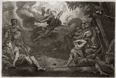 Royaumont Raamattu, Uusi testamentti: Pastorit päiväkodissa. Enkeli ilmoittaa paimenille Jeesuksen Kristuksen syntymästä (Ilmoitus paimenille). Kuvitus vuodelta 1811. tekijältä Unknown artist