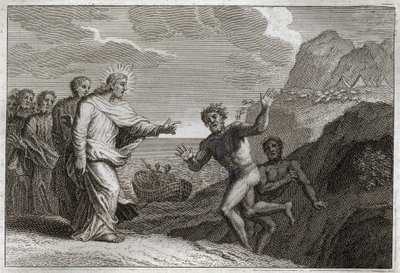 Royaumont Bible, Uusi testamentti: Possede gueri. Jeesus Kristus paransi posseden, jonka demoni raivostui. Kuvitus vuodelta 1811. tekijältä Unknown artist
