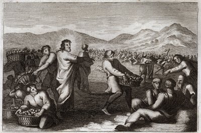 Royaumont Raamattu, Uusi testamentti: Leipien levittäminen. Jeesus Kristus lisää viisi leipää ja ruokkii viisituhatta miestä. Kuvitus vuodelta 1811. tekijältä Unknown artist