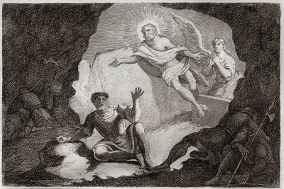 Royaumont Raamattu, Uusi testamentti: Ylösnousemus. Jeesus Kristus nousee haudastaan nukahtaneiden roomalaisten sotilaiden kunnioituksen alla. Kuvitus vuodelta 1811 (kaiverrus) tekijältä Unknown artist