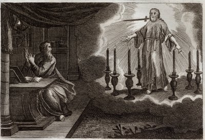Royaumont Bible, Uusi testamentti: Pyhän Johanneksen ilmestykset Ilmestyskirjassa. Jeesus Kristus ilmestyy Pyhässä Johanneksessa seitsemän kultaisen kynttilänjalan välissä, seitsemän tähteä oikeassa kädessään ja miekka lähtevän suusta. Kuvitus vuodelta 181 tekijältä Unknown artist