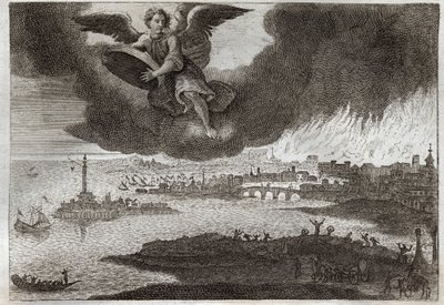 Royaumont Bible, Uusi testamentti: Babylonin raunio. Tulessa oleva Babylon, enkeli heittää kiven mereen, mikä symboloi tämän kaupungin tuhoa Ilmestyskirjan aikana. Kuvitus vuodelta 1811. tekijältä Unknown artist