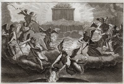 Royaumont Bible, Uusi testamentti: Seitsemän enkeliä soittamassa Ilmestyskirjan trumpetteja sen jälkeen, kun Karitsa avasi kirjan seitsemännen sinetin. Toinen enkeli ottaa suitsutusastian, täyttää sen alttarin tulella ja heittää sen maahan. Kuva osoitteest tekijältä Unknown artist