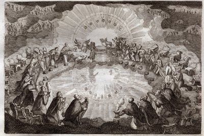Royaumont Bible, Uusi testamentti: Karitsan avaaman kirjan seitsemän sinettiä. Kaksikymmentäneljä vanhinta kumartuvat valtaistuimen eteen leijonan, härän, miehen ja kotkan (tetramorfin) ja seitsemän lampun ympäröimänä. Kuvitus vuodelta 1811. tekijältä Unknown artist