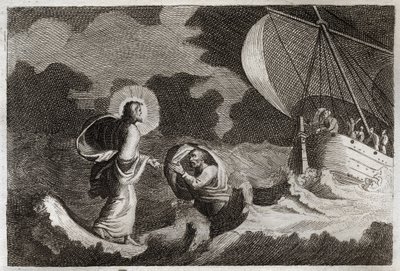 Royaumont Bible, Uusi testamentti: Pyhä Pietari kävelee veden päällä. Jeesus Kristus kävelee merellä ja saa pyhän Pietarin kävelemään siellä. Kuvitus vuodelta 1811. tekijältä Unknown artist
